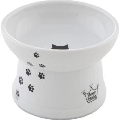 Necoichi Ceramic Elevated Cat Food Bowl, White Paw Print