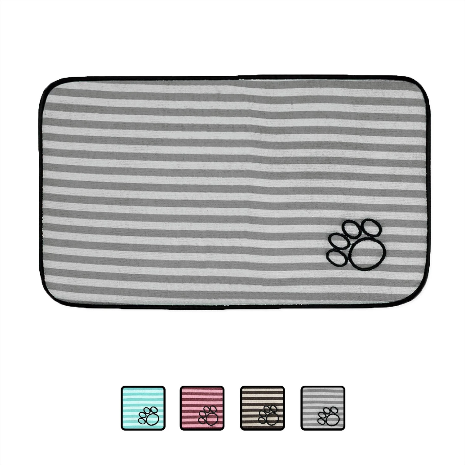 Bone Dry Stripe Embroidered Paw Print Dog & Cat Food Mat 1 Bone Dry Stripe Embroidered Paw Print Dog & Cat Food Mat