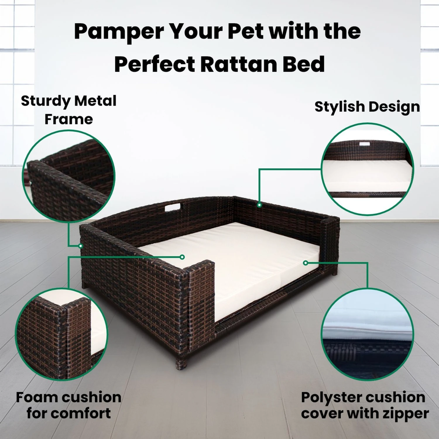 Iconic Pet Rattan Rectangular Sofa Cat & Dog Bed With Removable Cover, Espresso 5 Iconic Pet Rattan Rectangular Sofa Cat & Dog Bed With Removable Cover, Espresso - Image 5