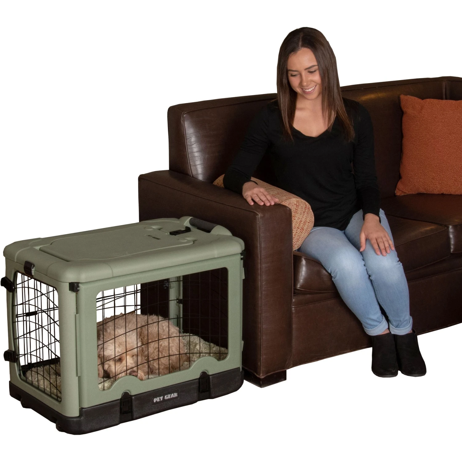 Pet Gear The Other Door Double Door Collapsible Wire Dog Crate & Plush Pad, Sage 1 Pet Gear The Other Door Double Door Collapsible Wire Dog Crate & Plush Pad, Sage