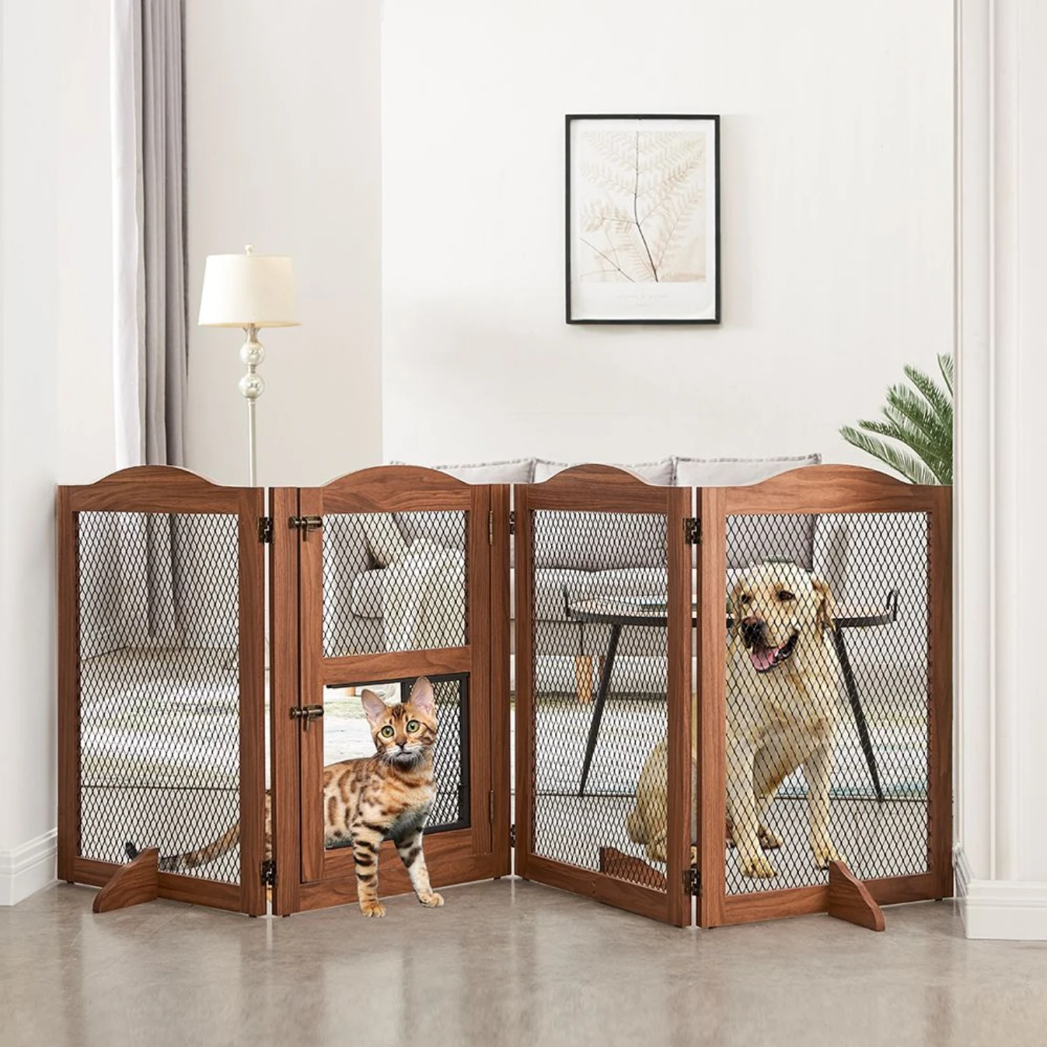 Unipaws 4 Panel Wire Mesh Dog & Cat Gate With Small Pet Door, Walnut, Large 1 Unipaws 4 Panel Wire Mesh Dog & Cat Gate With Small Pet Door, Walnut, Large
