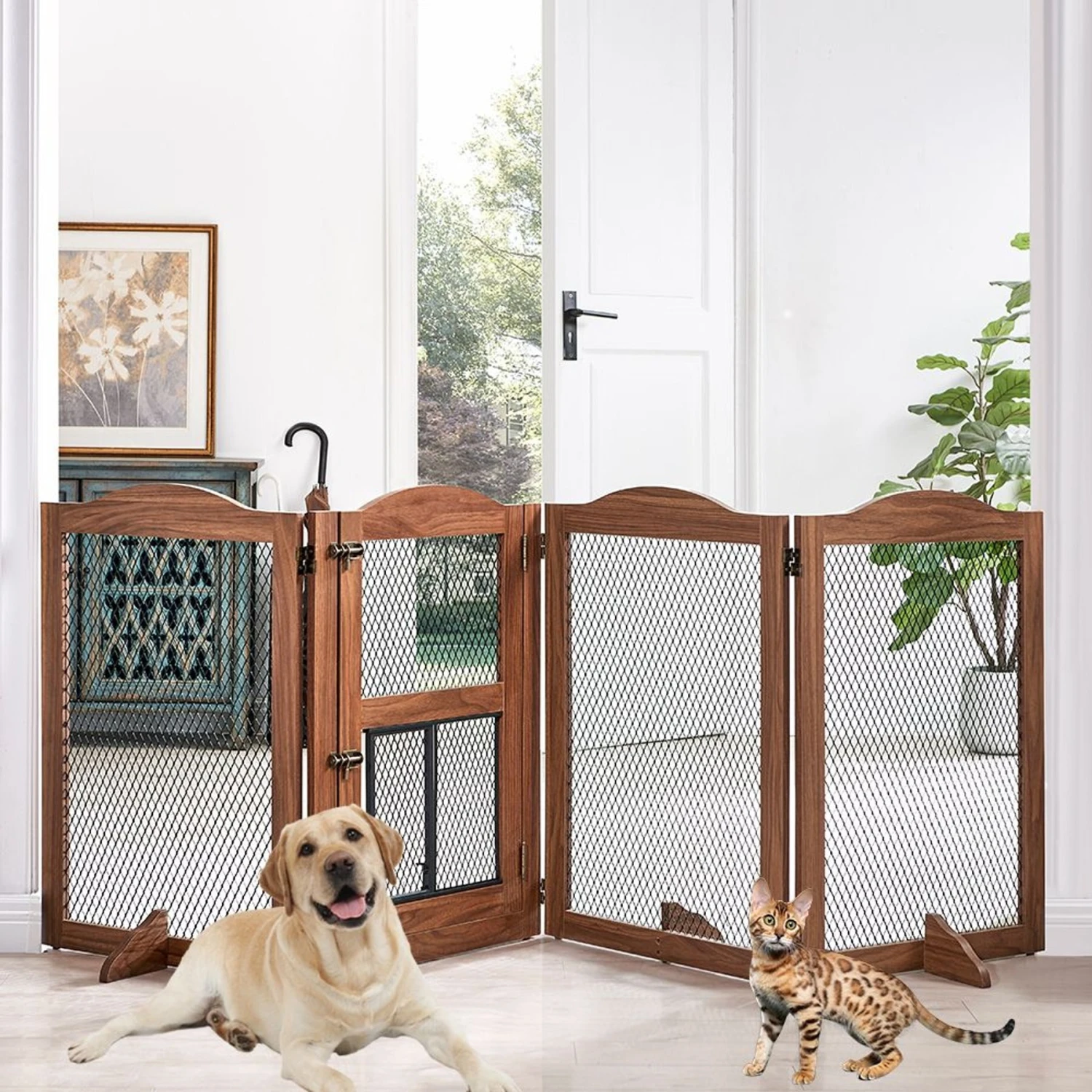 Unipaws 4 Panel Wire Mesh Dog & Cat Gate With Small Pet Door, Walnut, Large 2 Unipaws 4 Panel Wire Mesh Dog & Cat Gate With Small Pet Door, Walnut, Large - Image 2