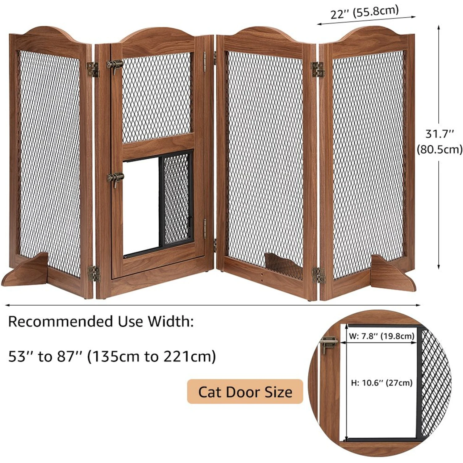 Unipaws 4 Panel Wire Mesh Dog & Cat Gate With Small Pet Door, Walnut, Large 3 Unipaws 4 Panel Wire Mesh Dog & Cat Gate With Small Pet Door, Walnut, Large - Image 3