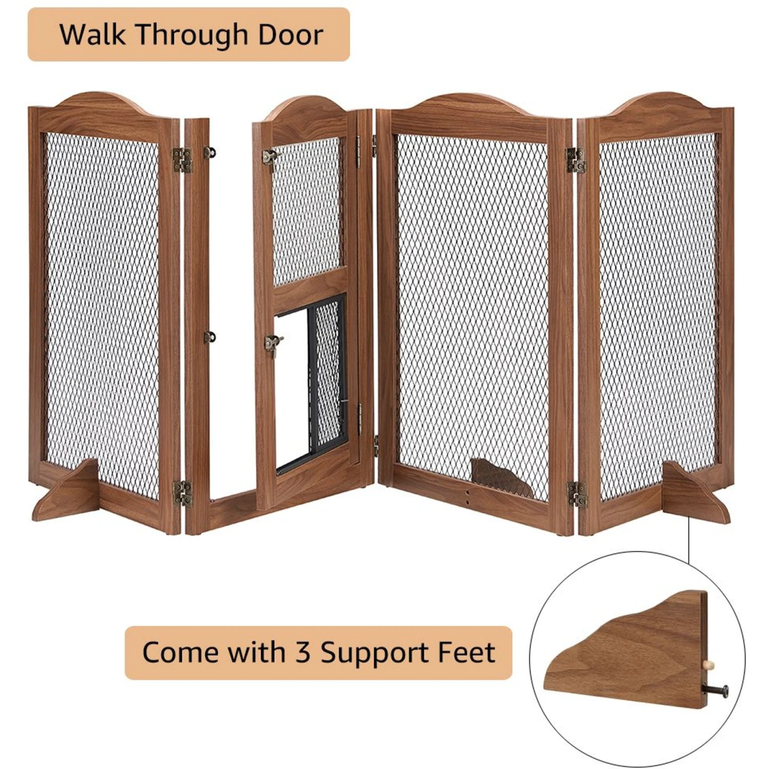 Unipaws 4 Panel Wire Mesh Dog & Cat Gate With Small Pet Door, Walnut, Large 4 Unipaws 4 Panel Wire Mesh Dog & Cat Gate With Small Pet Door, Walnut, Large - Image 4