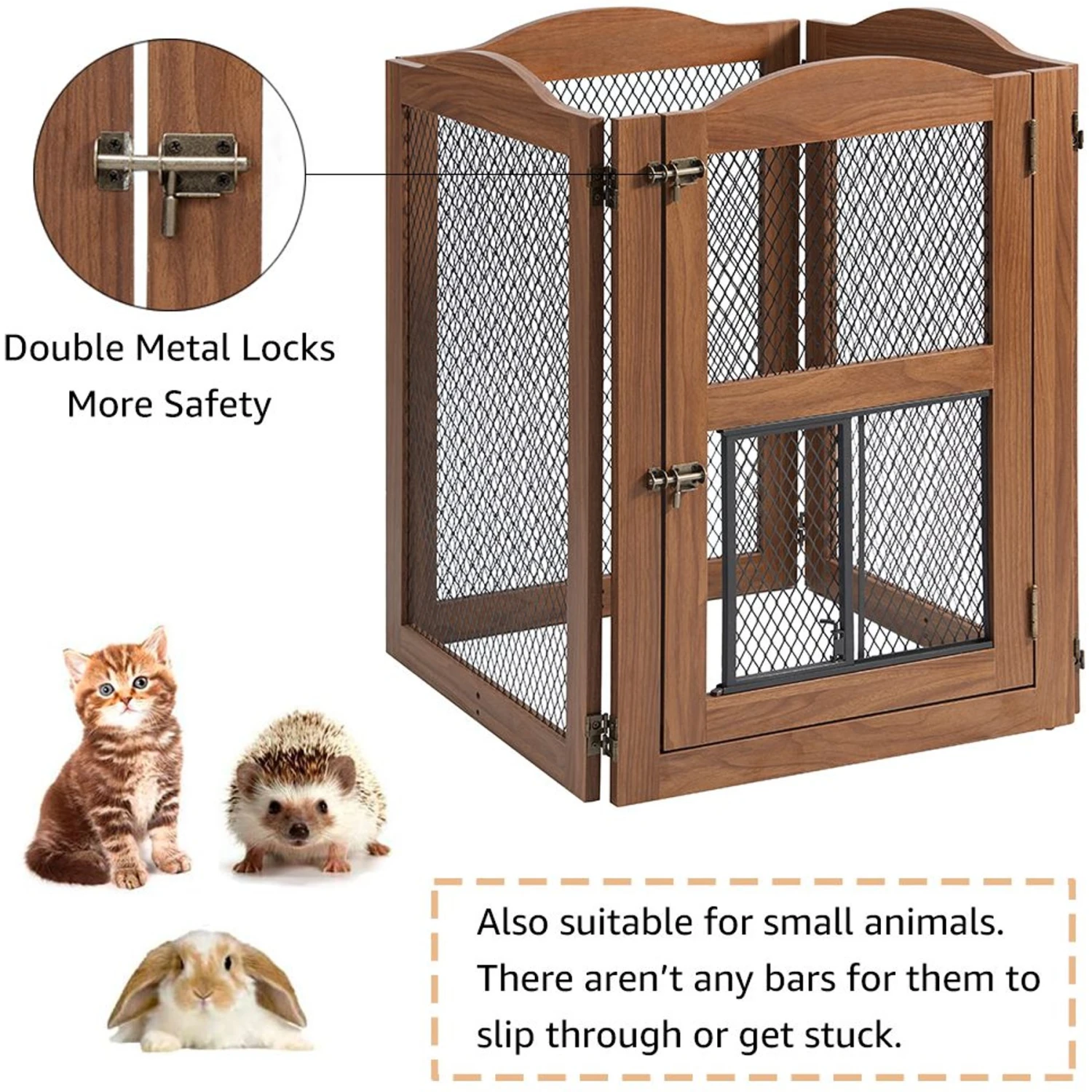 Unipaws 4 Panel Wire Mesh Dog & Cat Gate With Small Pet Door, Walnut, Large 5 Unipaws 4 Panel Wire Mesh Dog & Cat Gate With Small Pet Door, Walnut, Large - Image 5