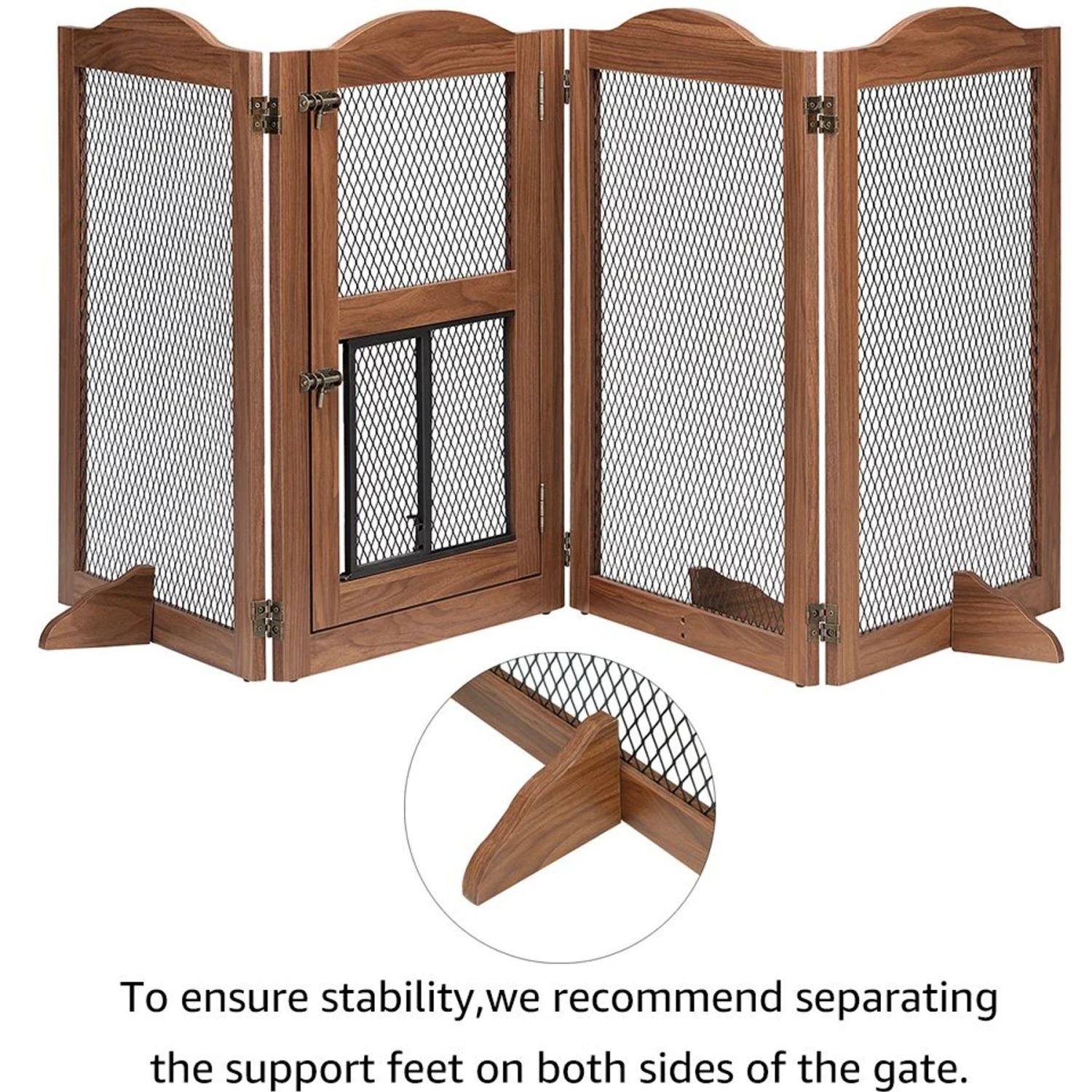 Unipaws 4 Panel Wire Mesh Dog & Cat Gate With Small Pet Door, Walnut, Large 7 Unipaws 4 Panel Wire Mesh Dog & Cat Gate With Small Pet Door, Walnut, Large - Image 7
