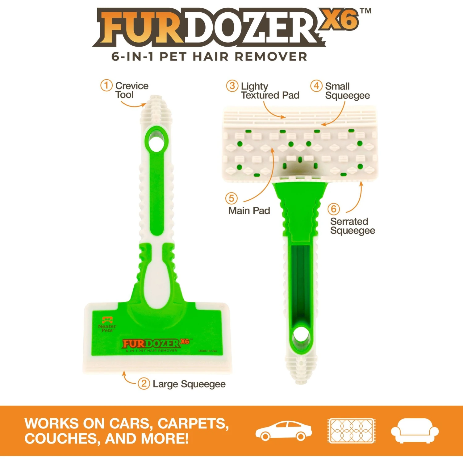 Neater Pets FurDozer X6 6-in-1 Cat & Dog Hair Remover, Green & White, 7.5-in 2 Neater Pets FurDozer X6 6-in-1 Cat & Dog Hair Remover, Green & White, 7.5-in - Image 2