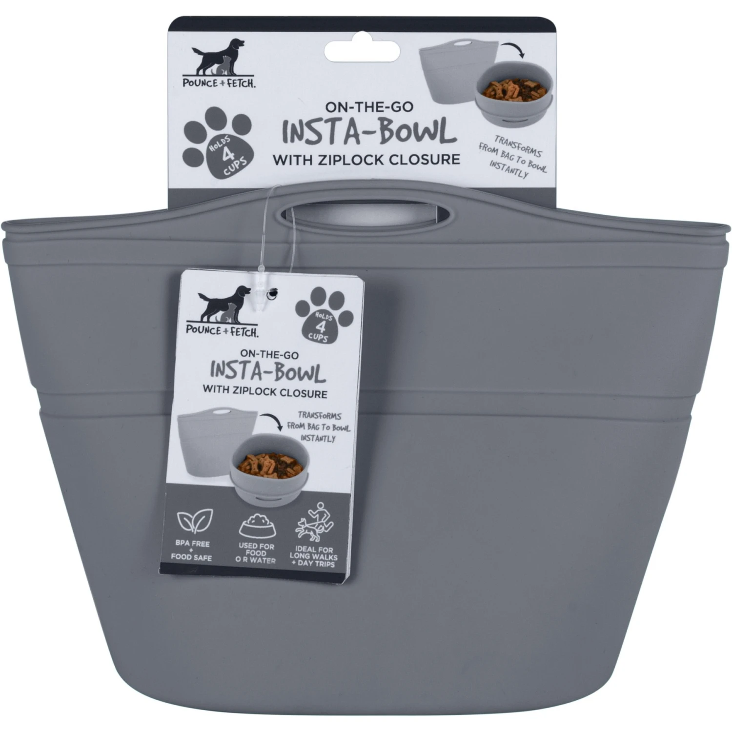 Pounce + Fetch Heavy Duty Silicone Travel Bag Bowl, Gray, 4-cup 1 Pounce + Fetch Heavy Duty Silicone Travel Bag Bowl, Gray, 4-cup